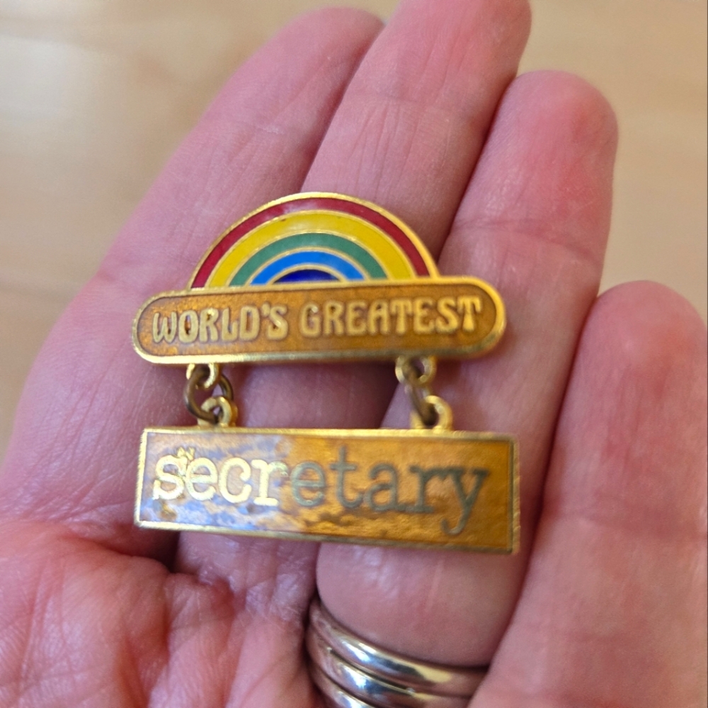 Vintage 1980s-1990s World's Greatest Secretary gold rainbow brooch pin